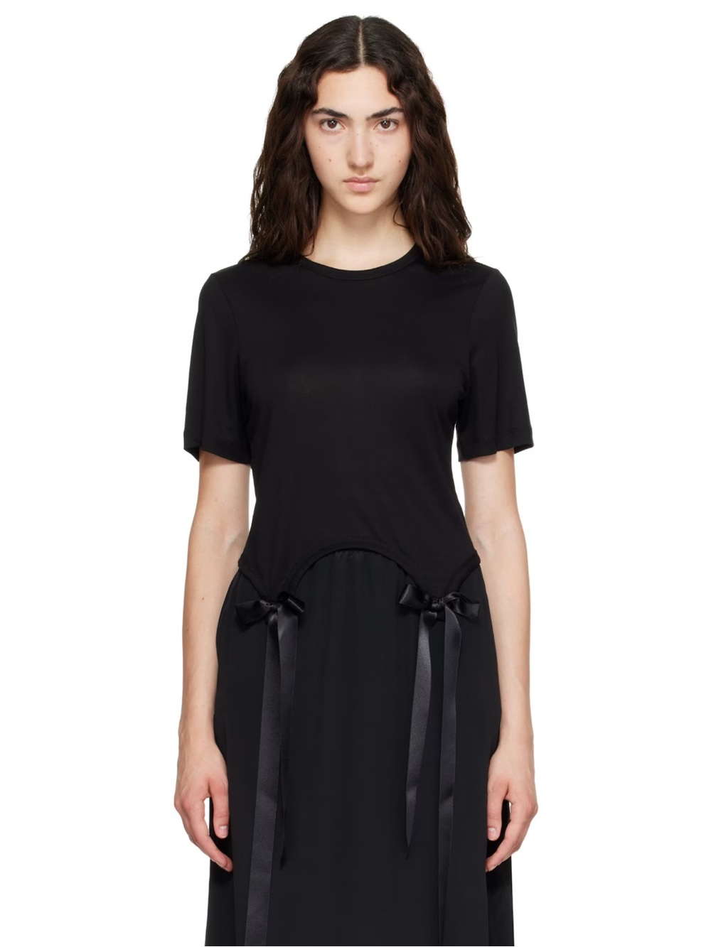 Simone Rocha Black Short-Sleeve Top with Satin Ribbon Ties